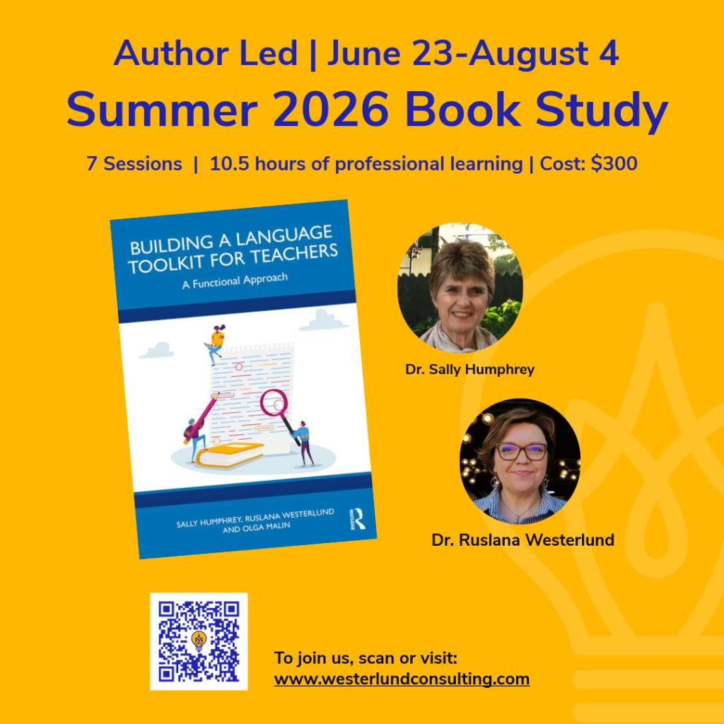 Author Led Book Study June 23-August 4, 2026 Flyer 7 sessions 10.5 hours of professional learning cost $300 QR code to register and two author photos, book cover Building a Language Toolkit for Teachers: A Functional Approach 