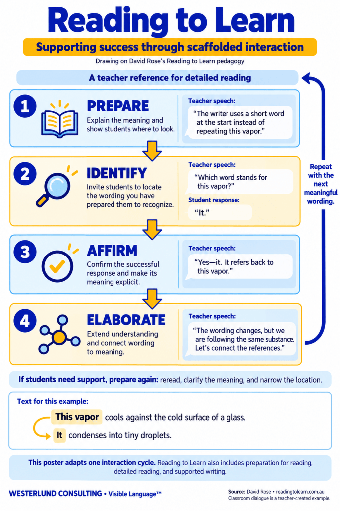 Teacher reference poster adapting David Rose’s Reading to Learn interaction cycle. Four steps connected by arrows: Prepare—explain meaning and where to look; Identify—invite students to locate wording; Affirm—confirm their response; Elaborate—extend understanding. Example dialogue helps students connect “It” to “This vapor” in a condensation explanation. A return arrow indicates repeating the cycle. A reminder advises rereading, clarifying meaning, and narrowing the location when students need support.
