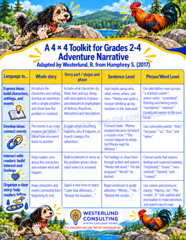Infographic titled 'A 4 x 4 Toolkit for Grades 2-4 Adventure Narrative', featuring a cartoon dog and rooster with colorful headings outlining narrative development strategies for students.
