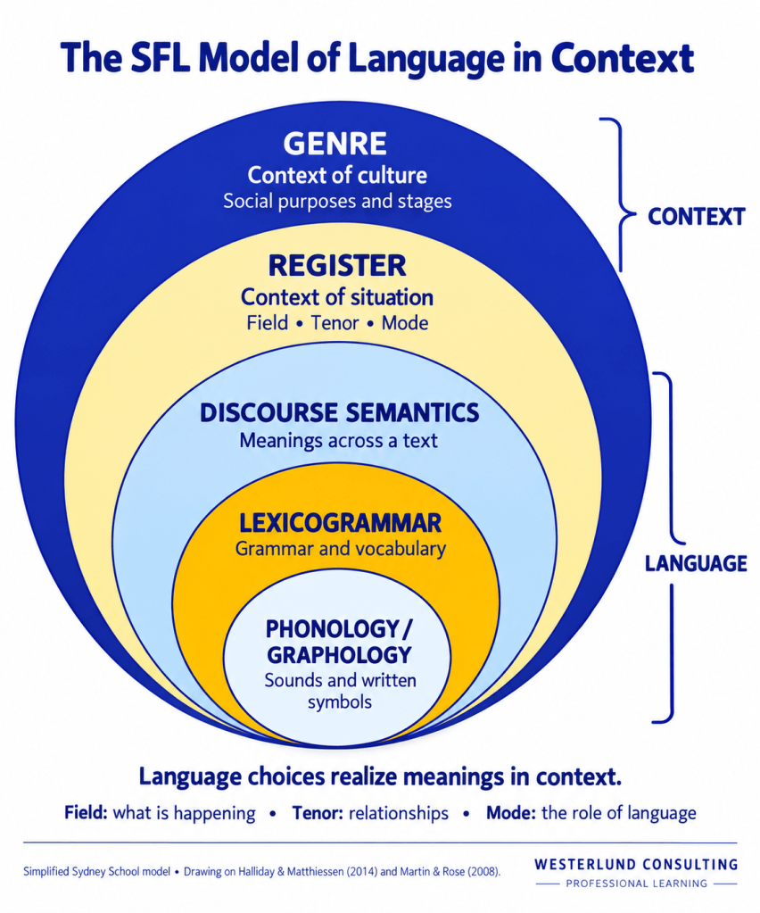 Nested circles show the SFL model of language in context. From outermost to innermost: genre—social purposes and stages; register—field, tenor, and mode; discourse semantics—meanings across a text; lexicogrammar—grammar and vocabulary; and phonology/graphology—sounds and written symbols. Brackets group genre and register as context and the inner three levels as language. The model emphasizes that language choices realize meanings in context.